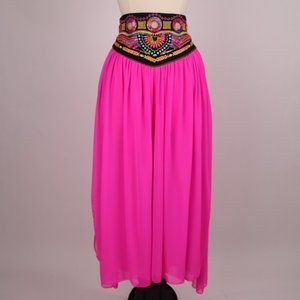 🌺 Embroidered Hot Pink Chiffon Skirt Dress Beach Cover Up Boho Hippie Corset